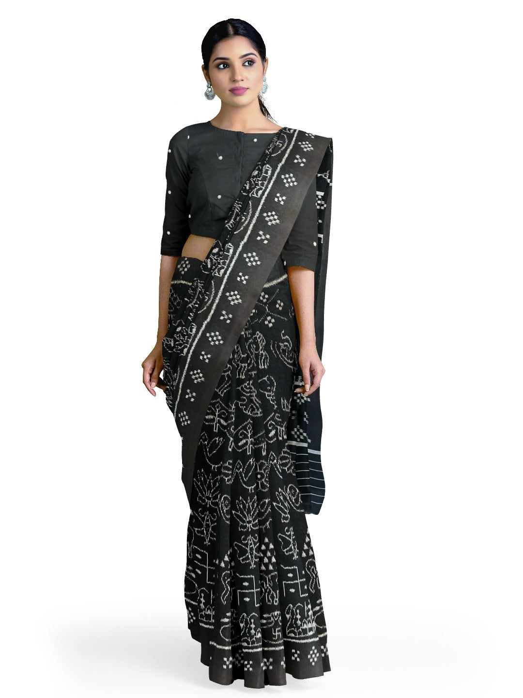 Black Nabakothi Pattern ikat cotton Saree with mix match cotton Ikat blouse