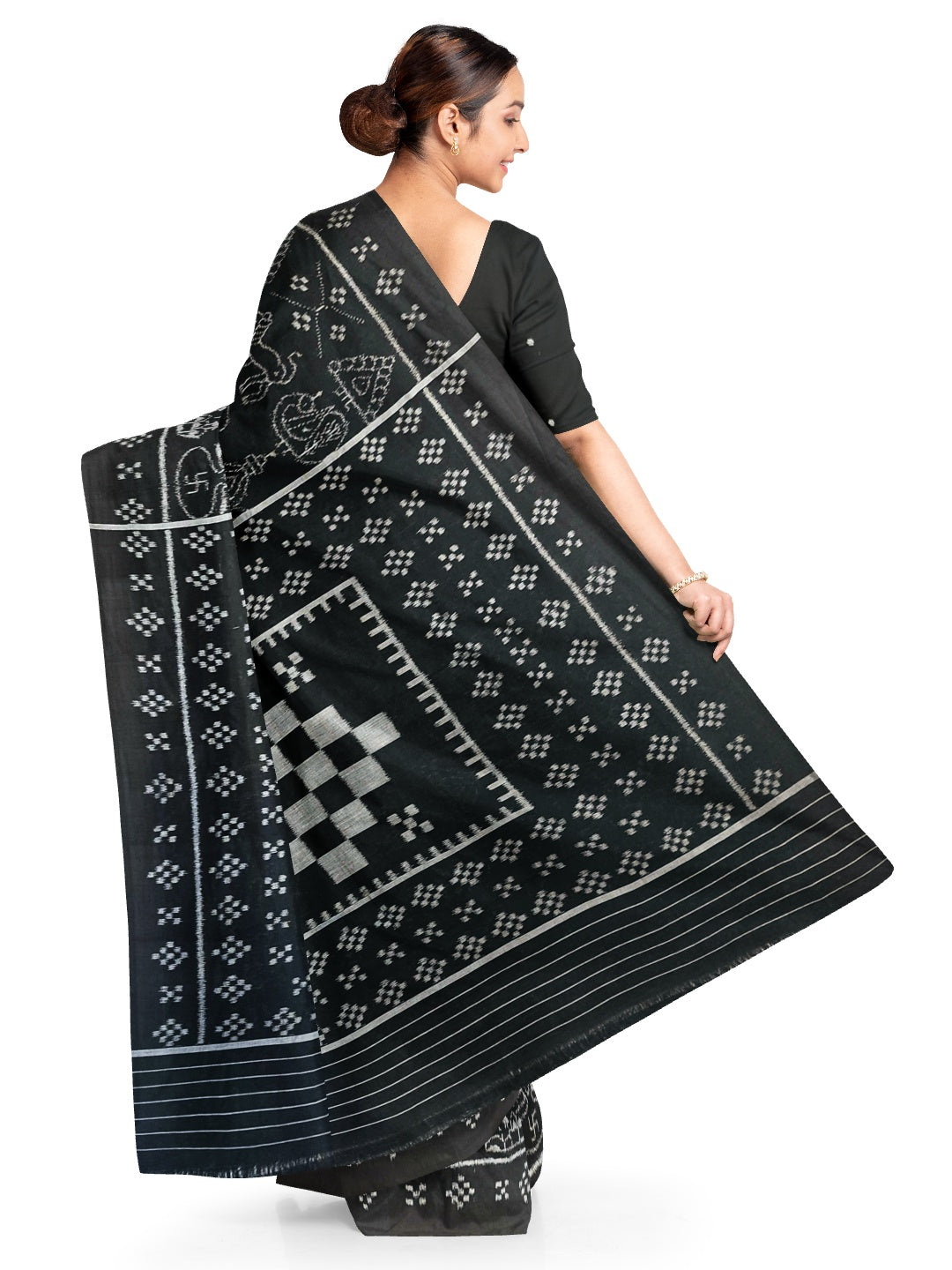 Black Nabakothi Pattern ikat cotton Saree with mix match cotton Ikat blouse