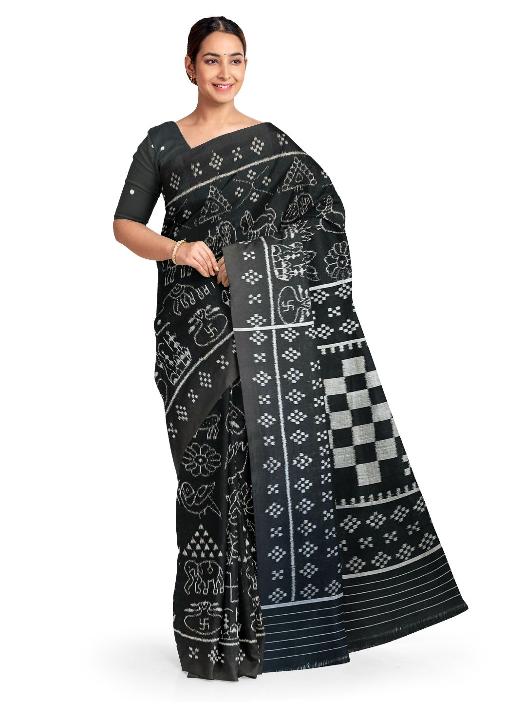 Black Nabakothi Pattern ikat cotton Saree with mix match cotton Ikat blouse