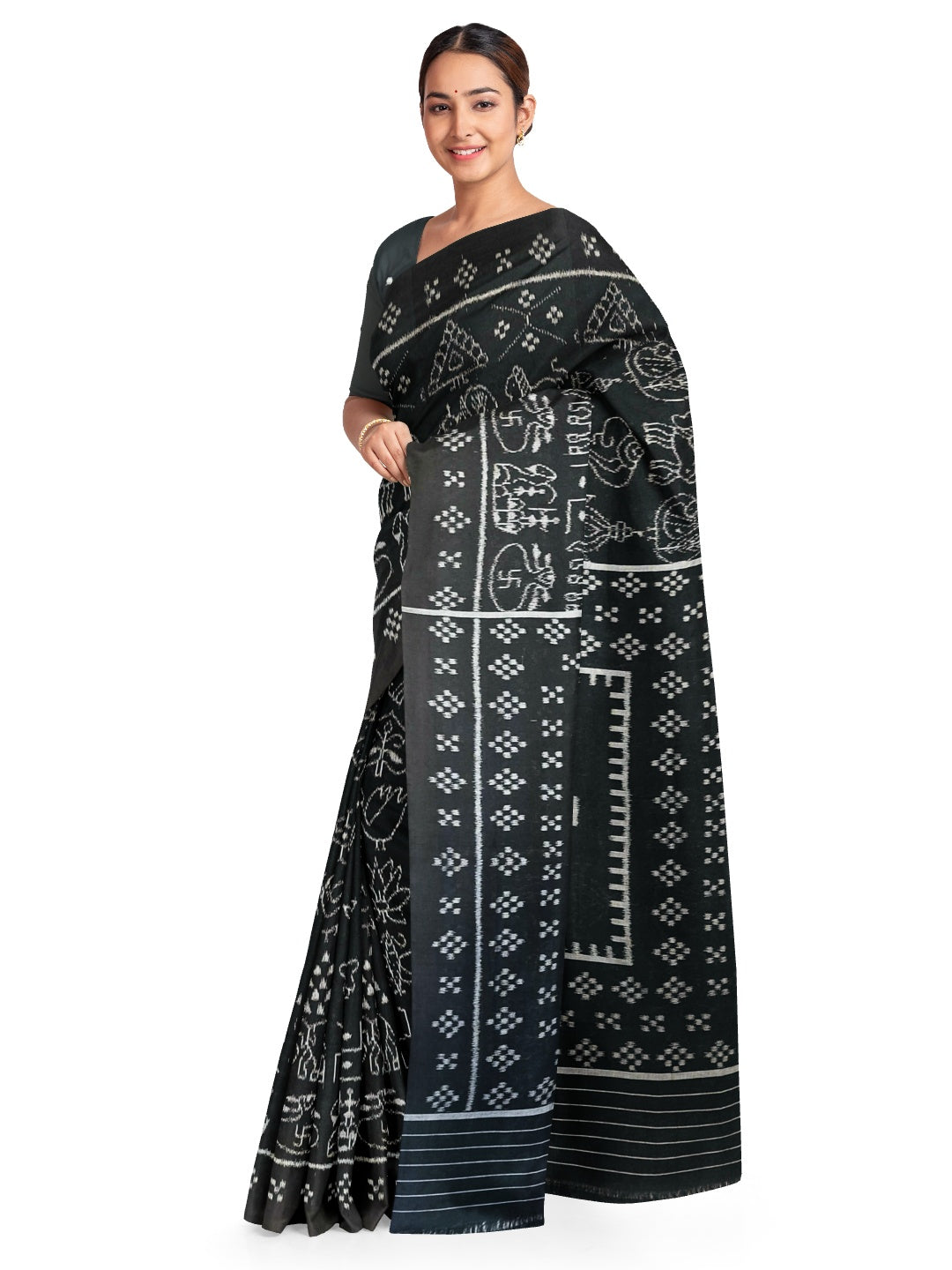 Black Nabakothi Pattern ikat cotton Saree with mix match cotton Ikat blouse