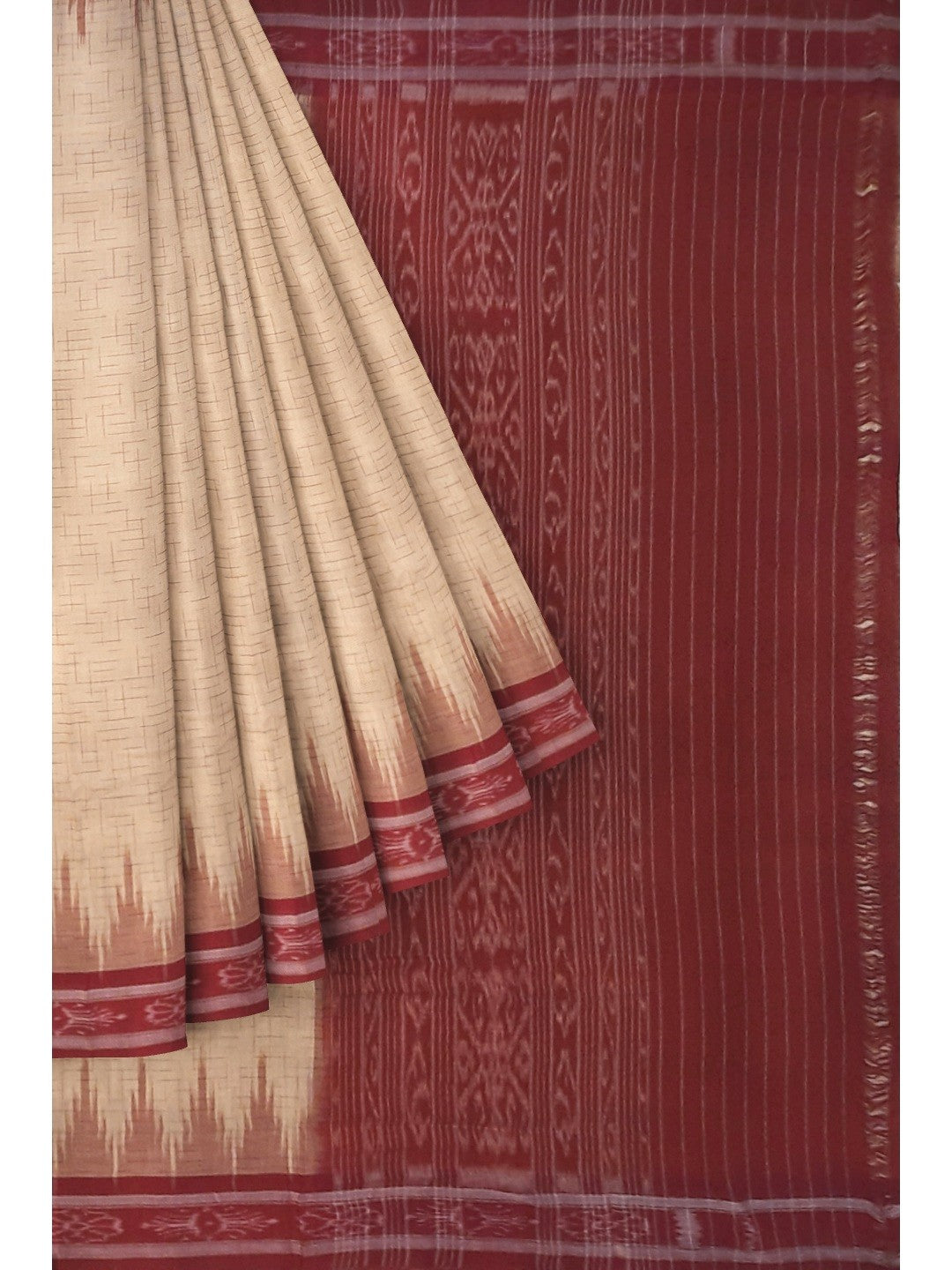 Beige with Maroon Cotton Odisha Ikat saree with mix match cotton ikat blouse piece
