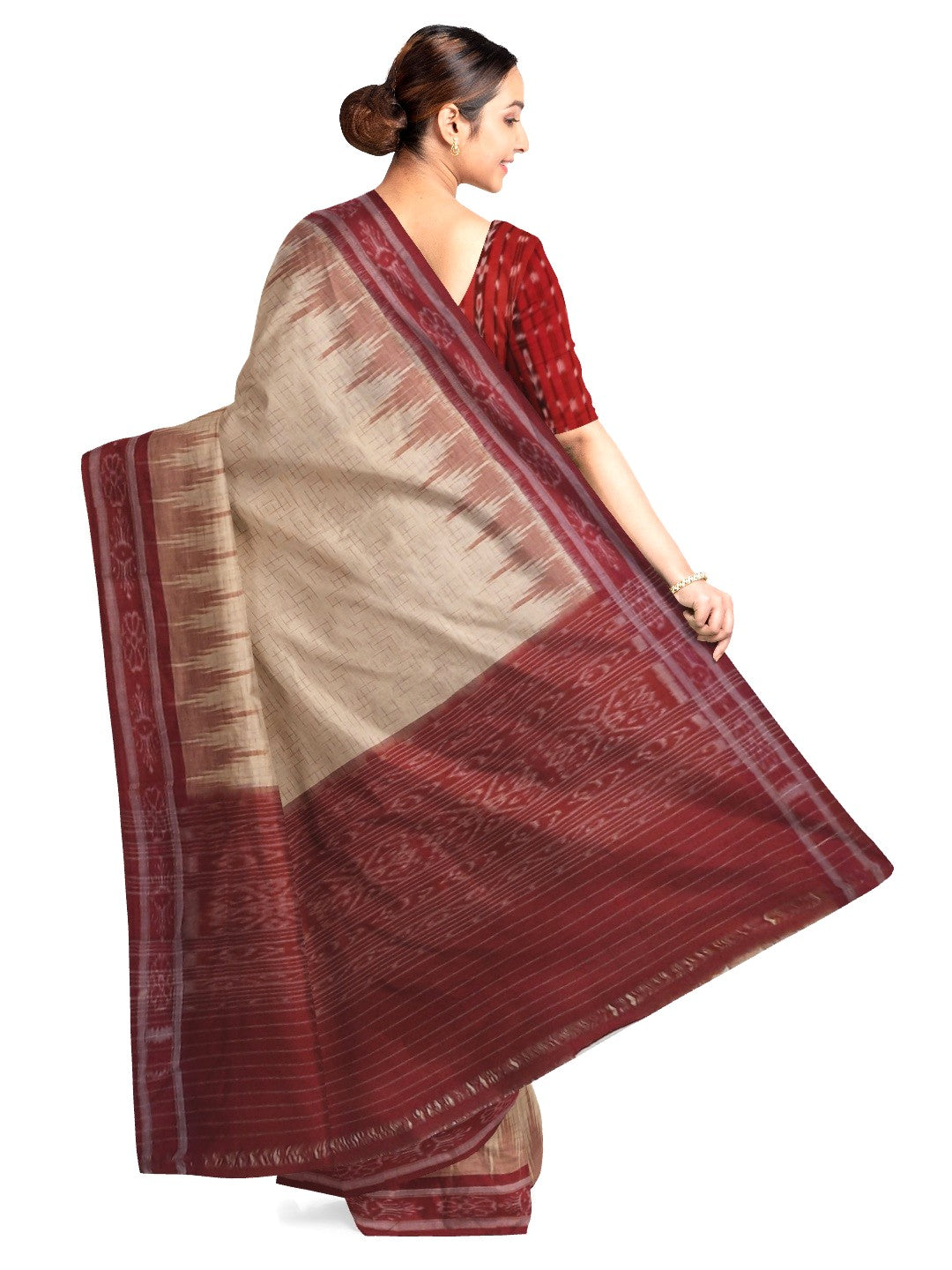 Beige with Maroon Cotton Odisha Ikat saree with mix match cotton ikat blouse piece