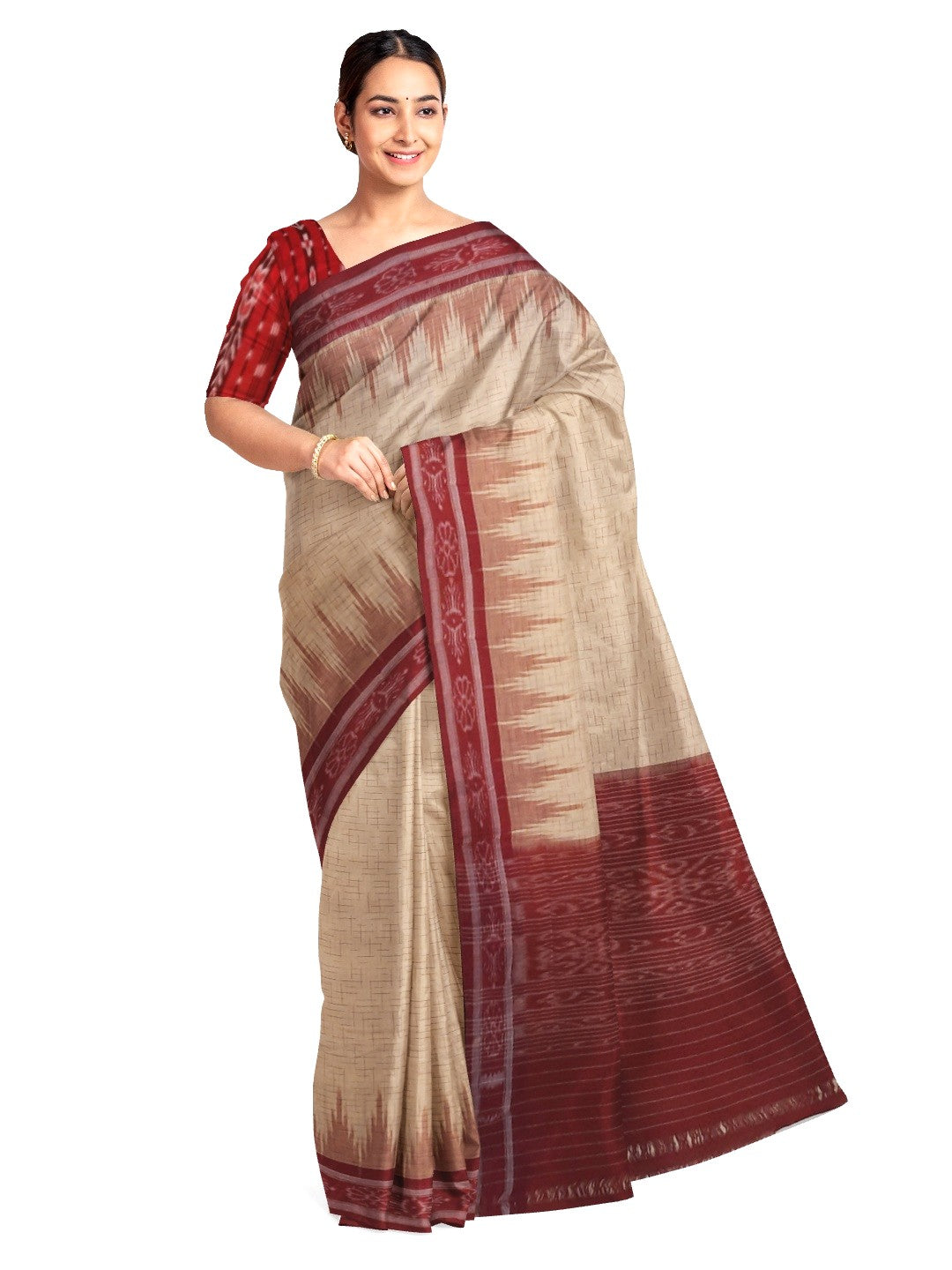 Beige with Maroon Cotton Odisha Ikat saree with mix match cotton ikat blouse piece