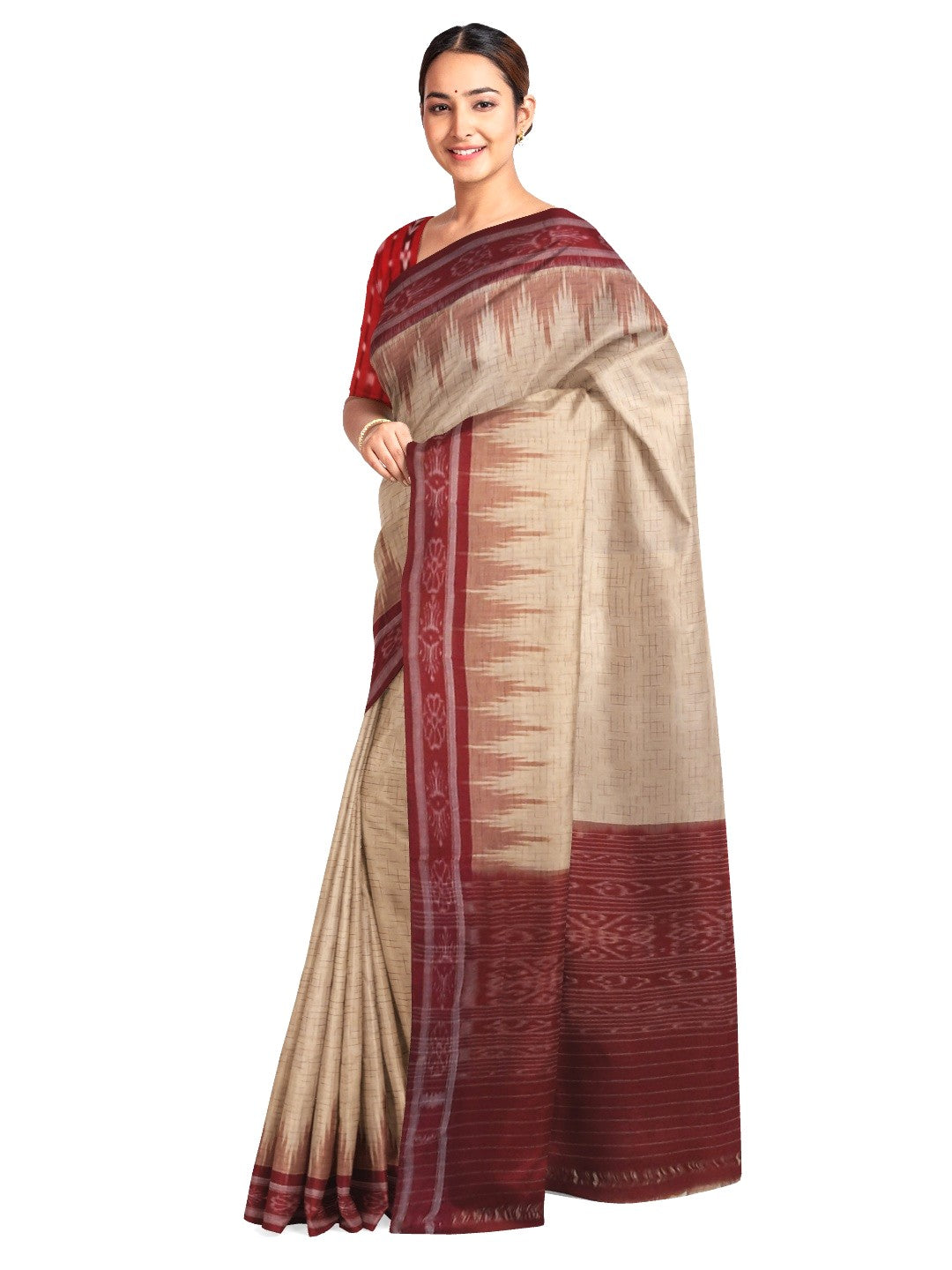 Beige with Maroon Cotton Odisha Ikat saree with mix match cotton ikat blouse piece