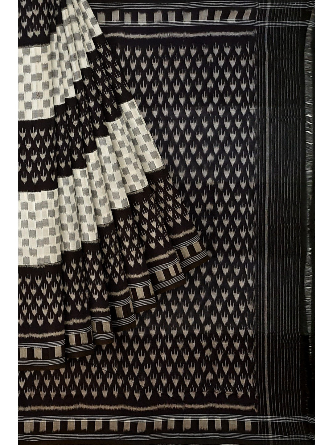 White and Black Cotton Ikat saree with cotton ikat blouse piece