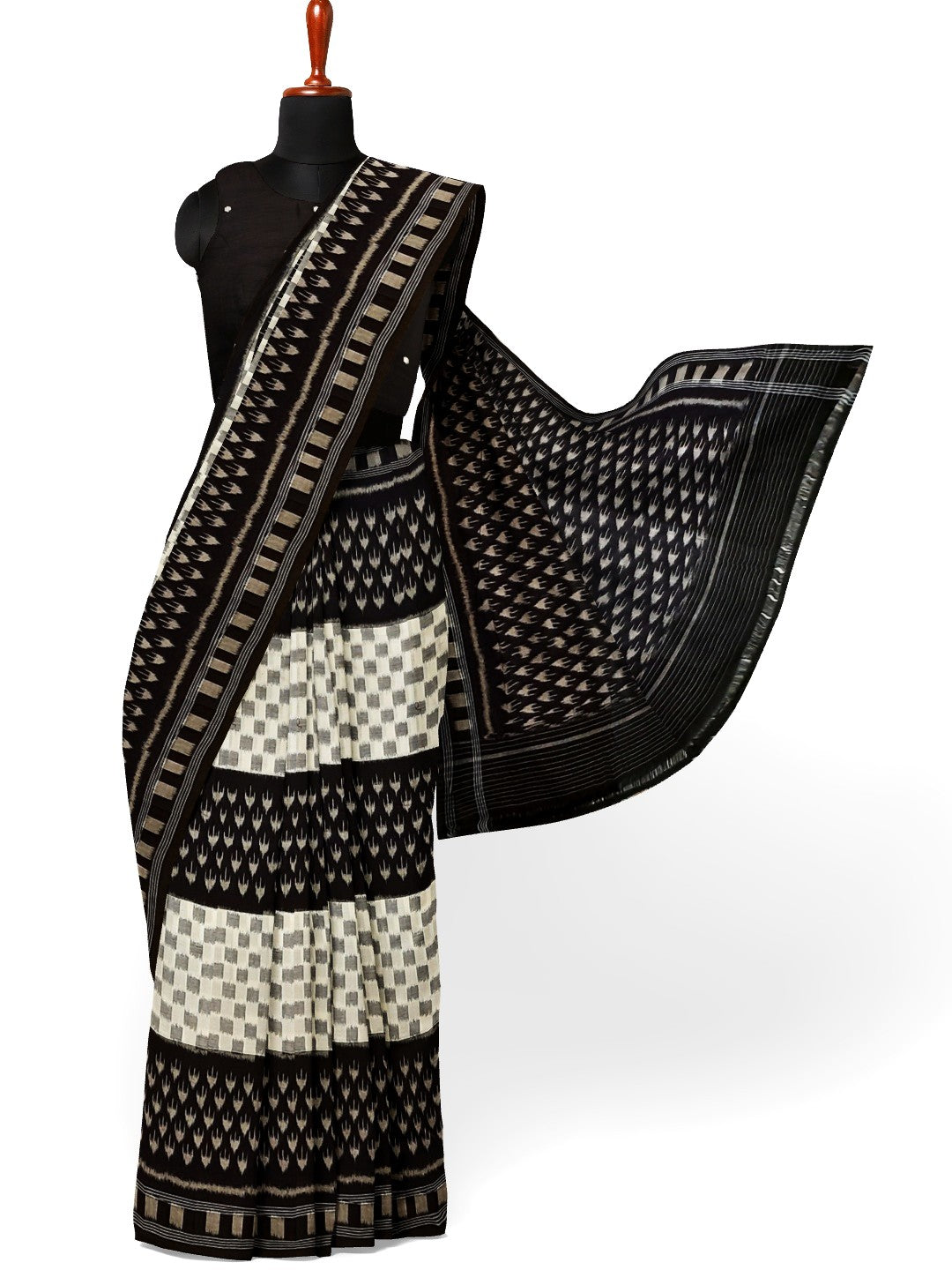 White and Black Cotton Ikat saree with cotton ikat blouse piece