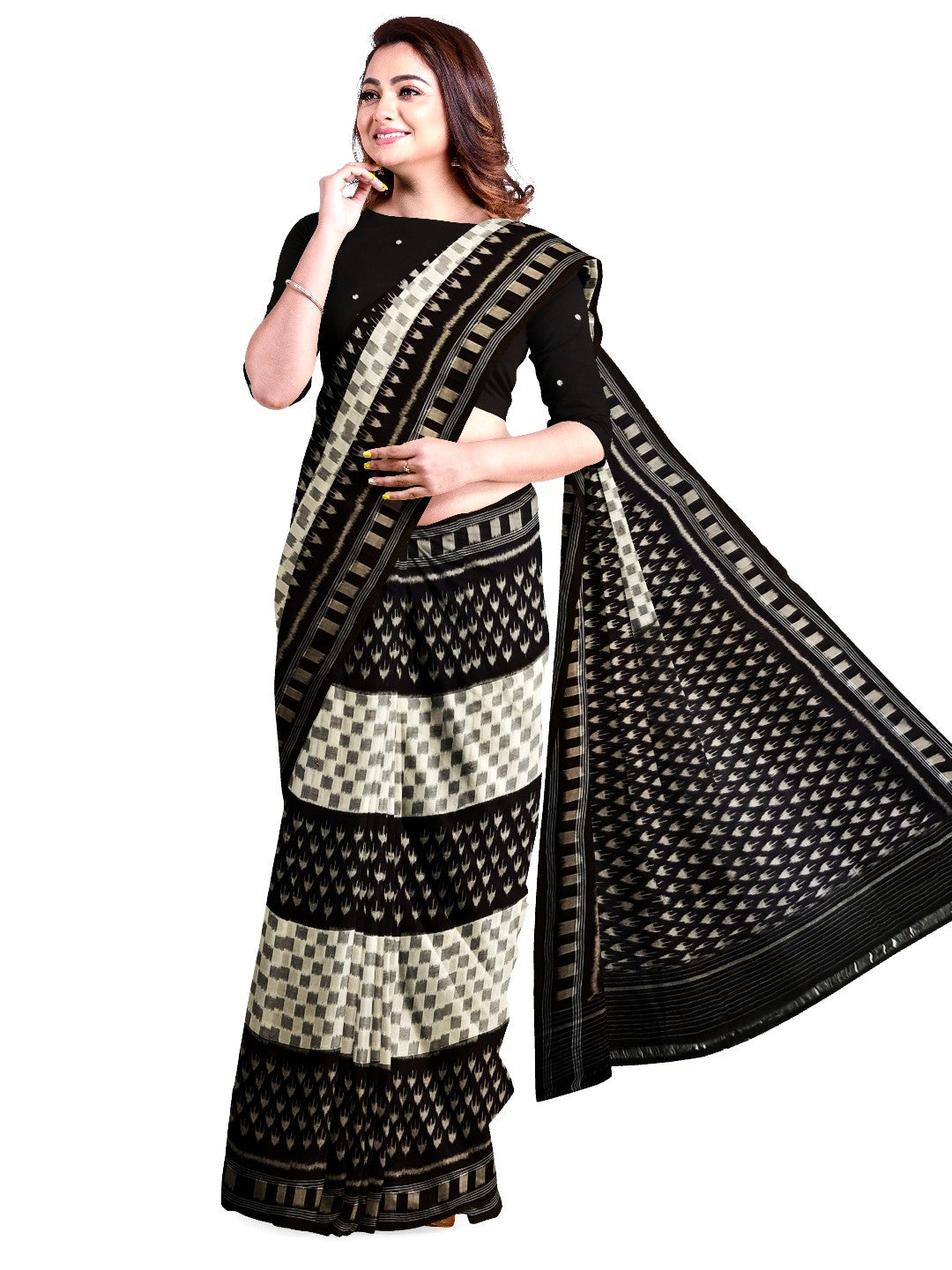 White and Black Cotton Ikat saree with cotton ikat blouse piece