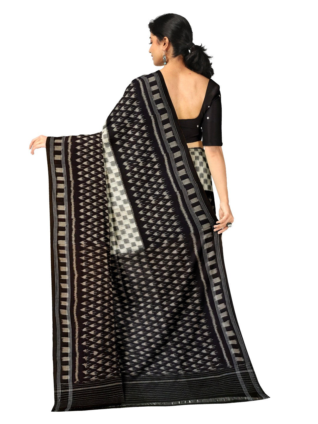 White and Black Cotton Ikat saree with cotton ikat blouse piece
