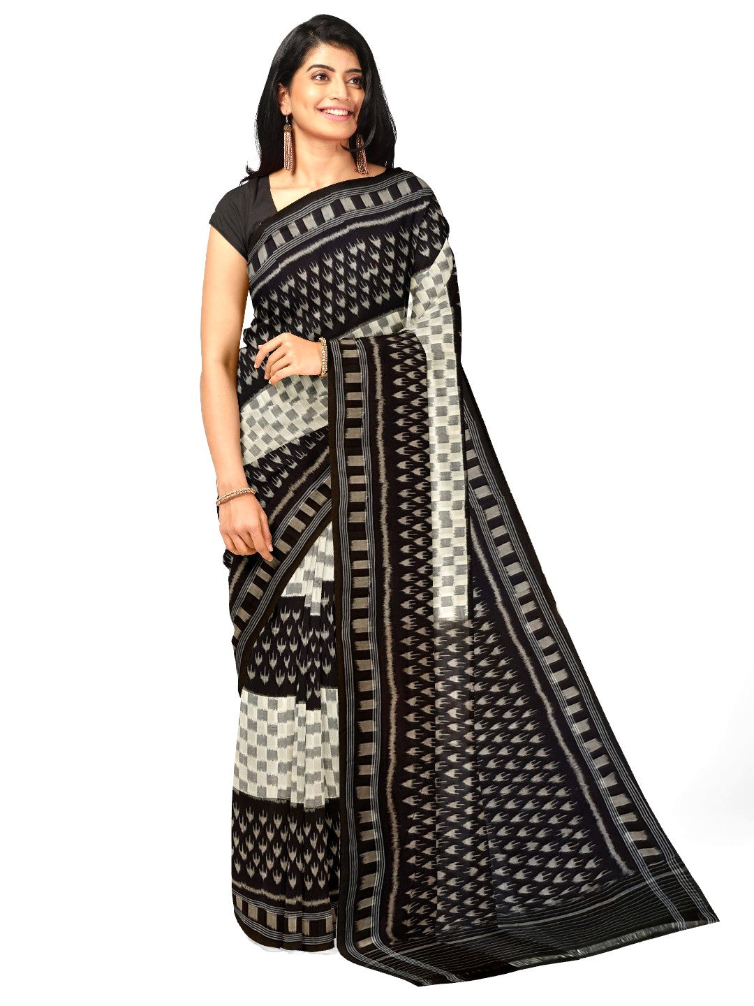White and Black Cotton Ikat saree with cotton ikat blouse piece