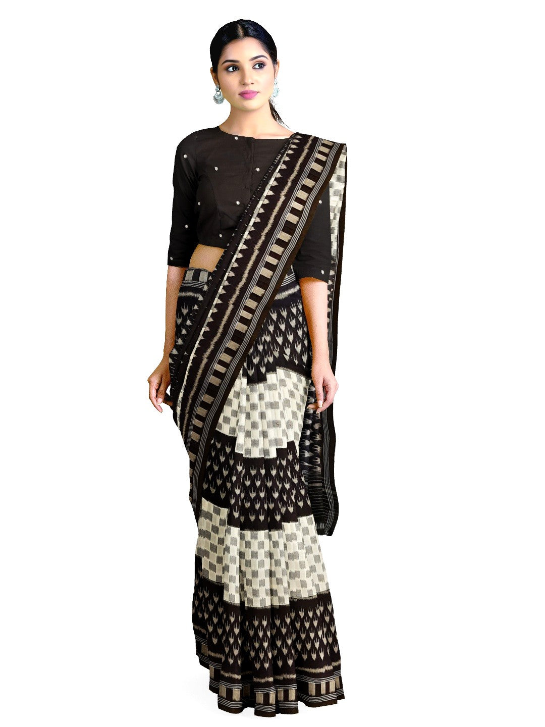 White and Black Cotton Ikat saree with cotton ikat blouse piece