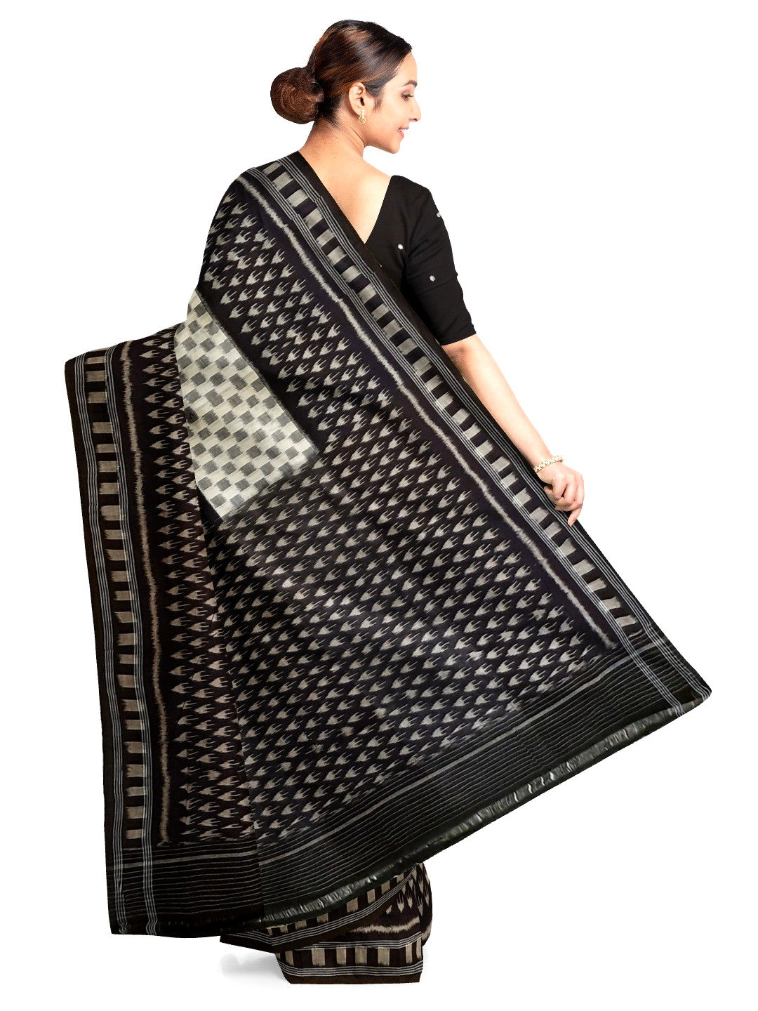 White and Black Cotton Ikat saree with cotton ikat blouse piece
