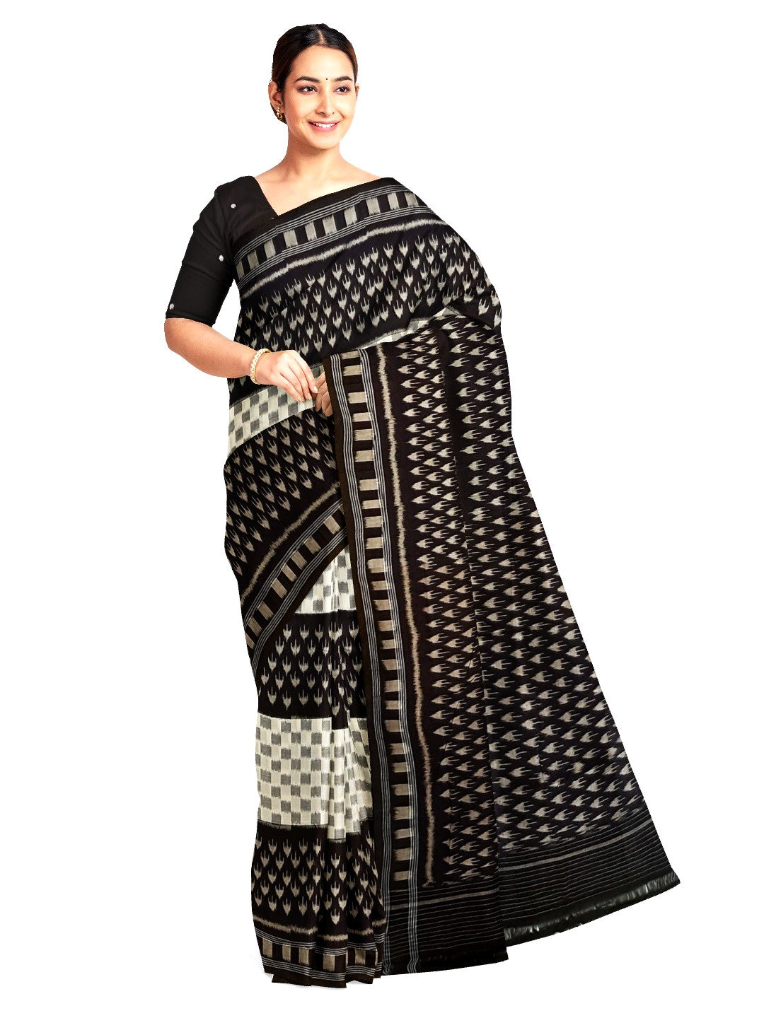 White and Black Cotton Ikat saree with cotton ikat blouse piece