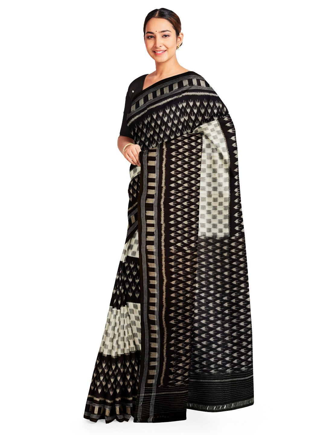 White and Black Cotton Ikat saree with cotton ikat blouse piece