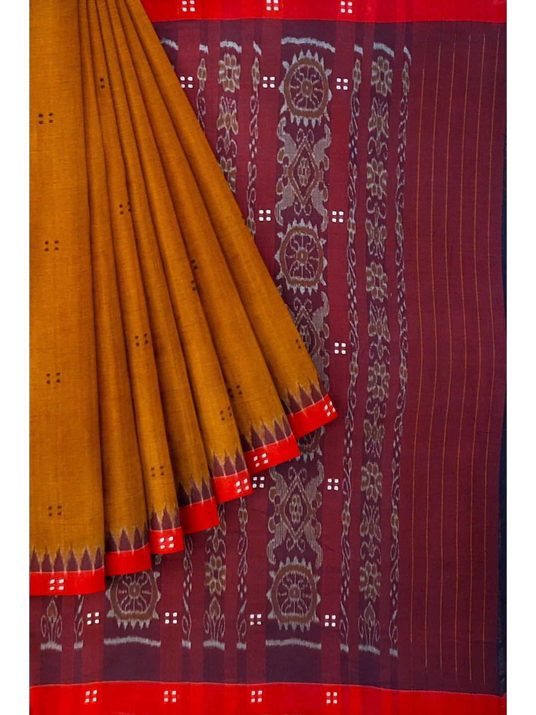 Mustard Brown Cotton Odisha Ikat saree paired with cotton ikat blouse piece