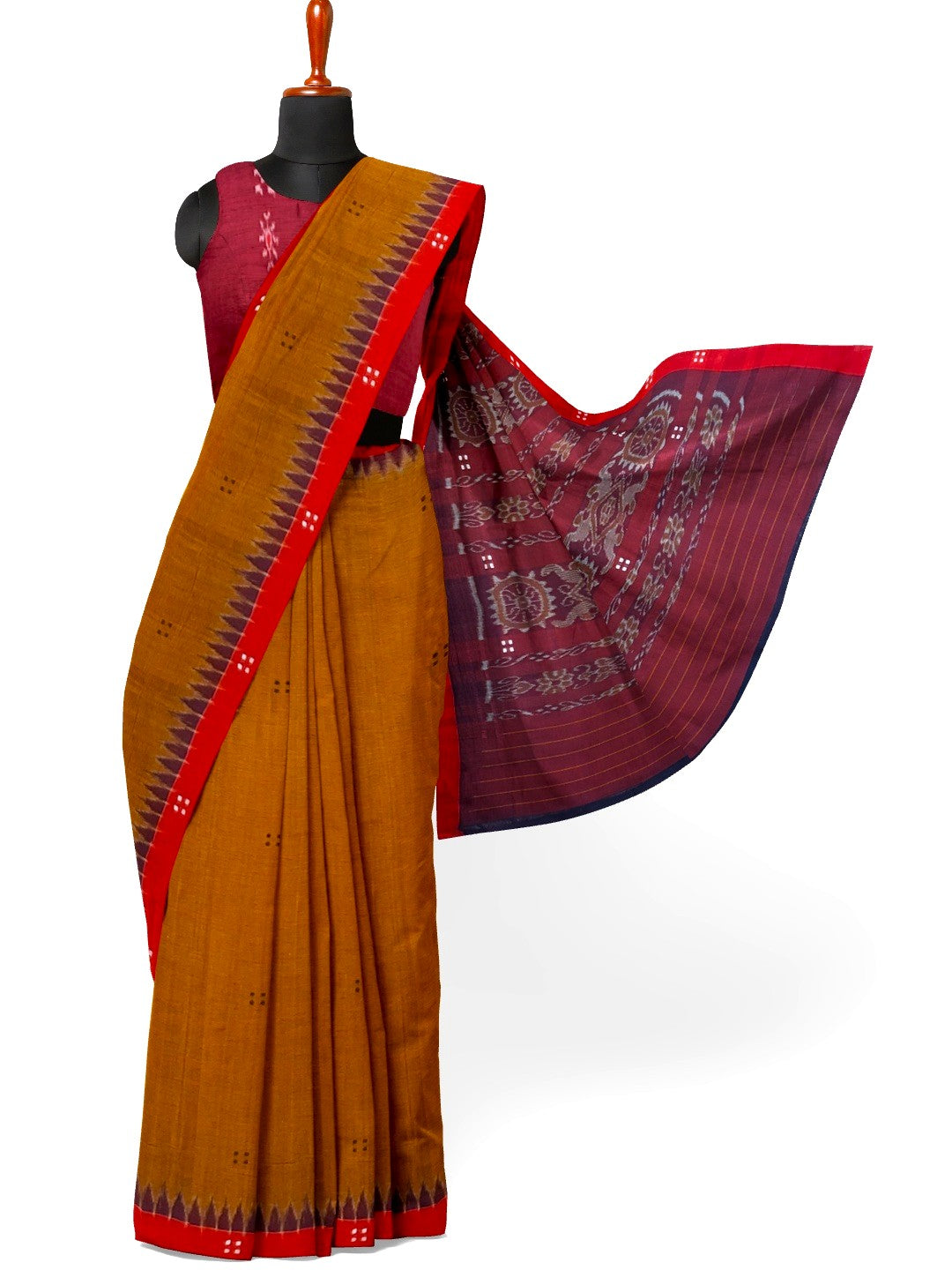 Mustard Brown Cotton Odisha Ikat saree paired with cotton ikat blouse piece
