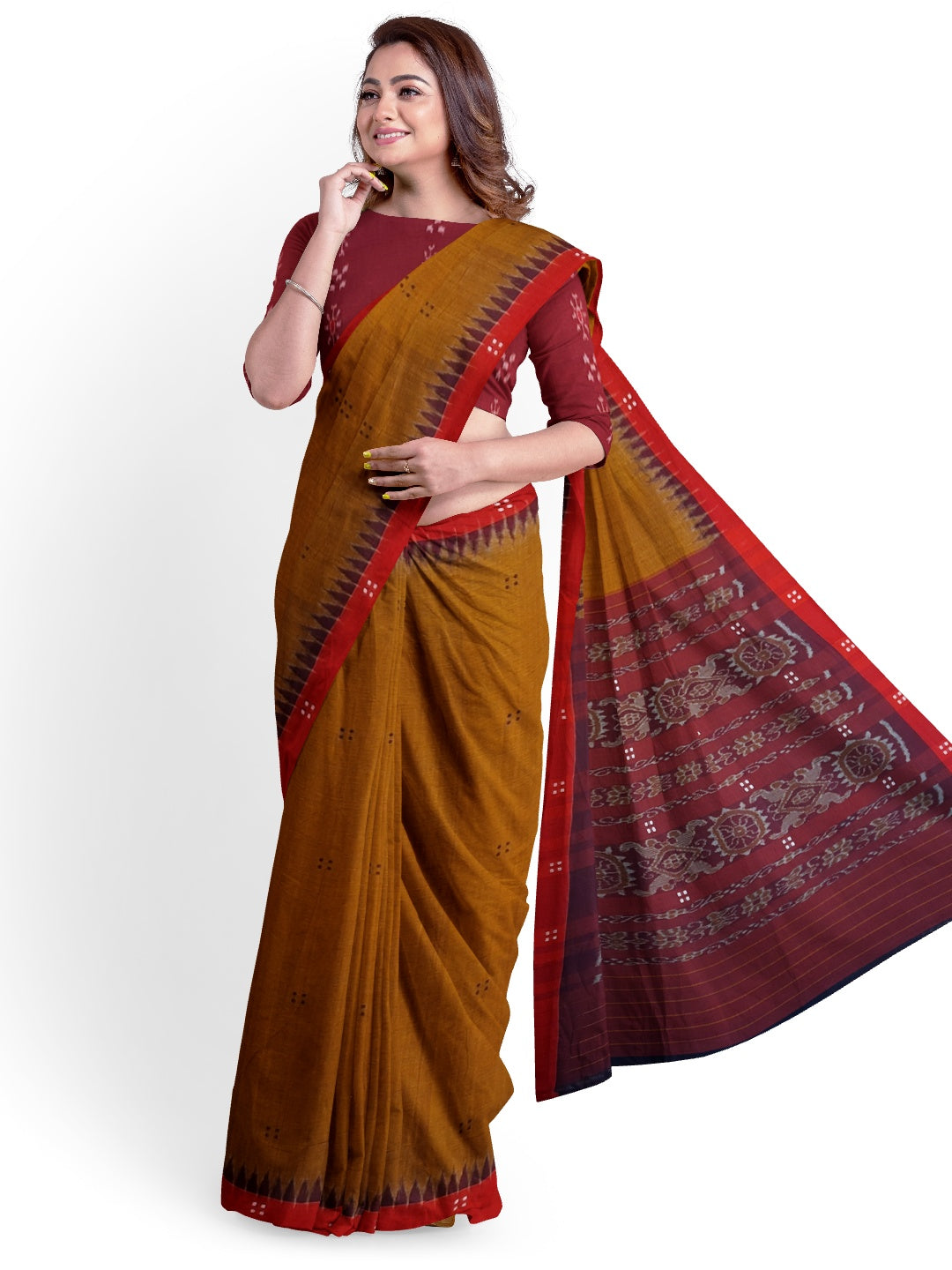 Mustard Brown Cotton Odisha Ikat saree paired with cotton ikat blouse piece