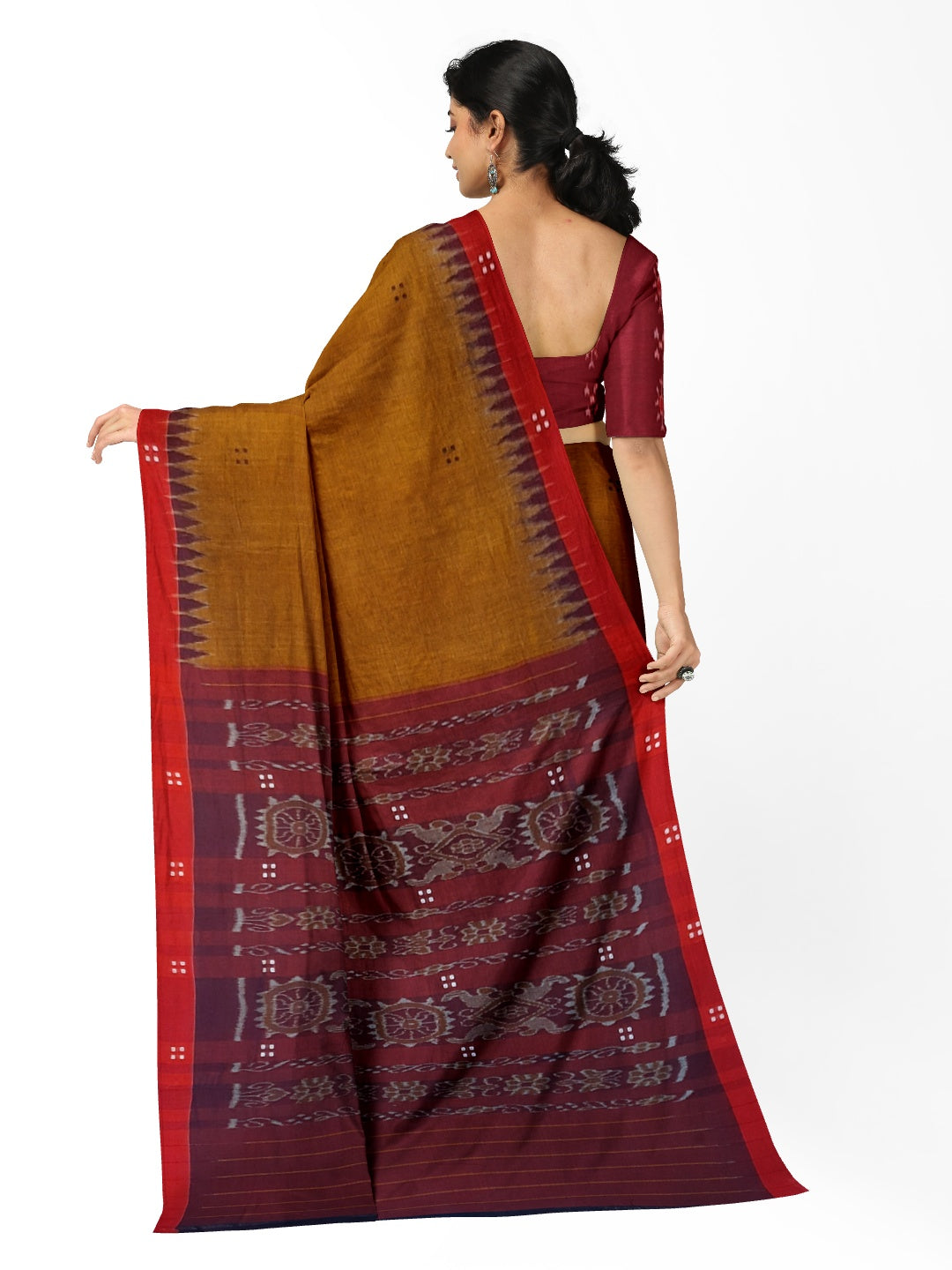Mustard Brown Cotton Odisha Ikat saree paired with cotton ikat blouse piece