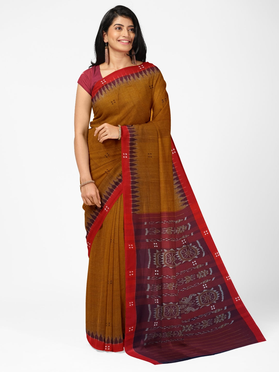 Mustard Brown Cotton Odisha Ikat saree paired with cotton ikat blouse piece