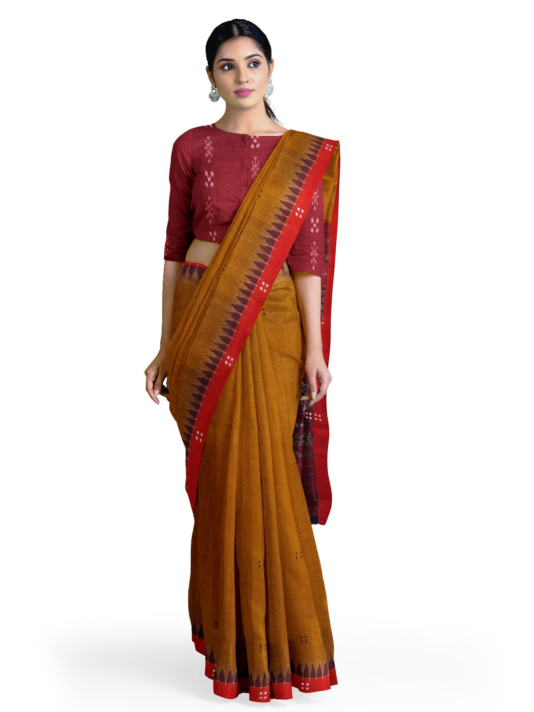 Mustard Brown Cotton Odisha Ikat saree paired with cotton ikat blouse piece
