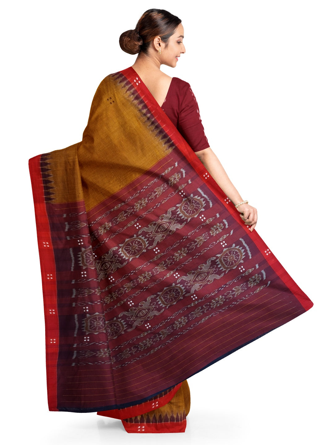 Mustard Brown Cotton Odisha Ikat saree paired with cotton ikat blouse piece