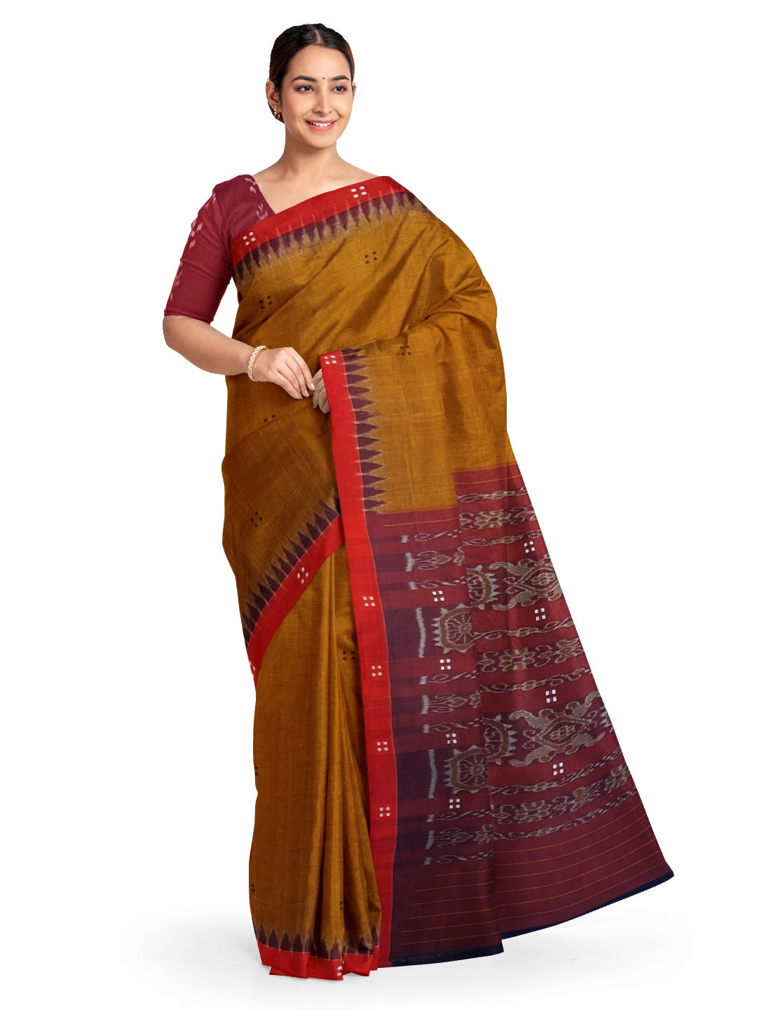 Mustard Brown Cotton Odisha Ikat saree paired with cotton ikat blouse piece