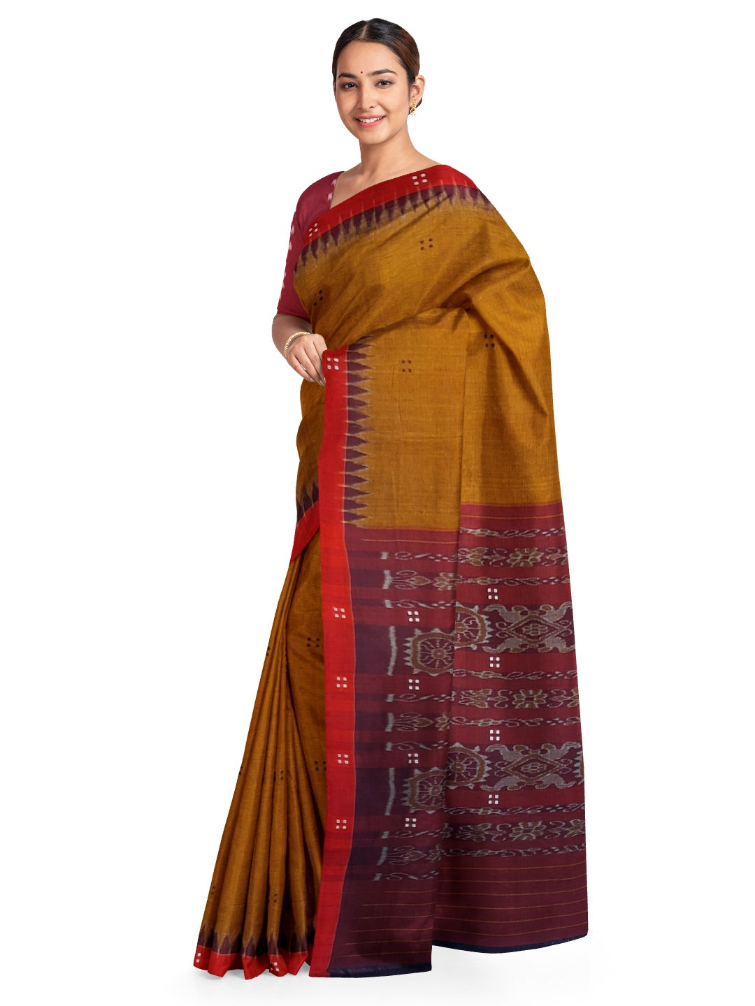 Mustard Brown Cotton Odisha Ikat saree paired with cotton ikat blouse piece