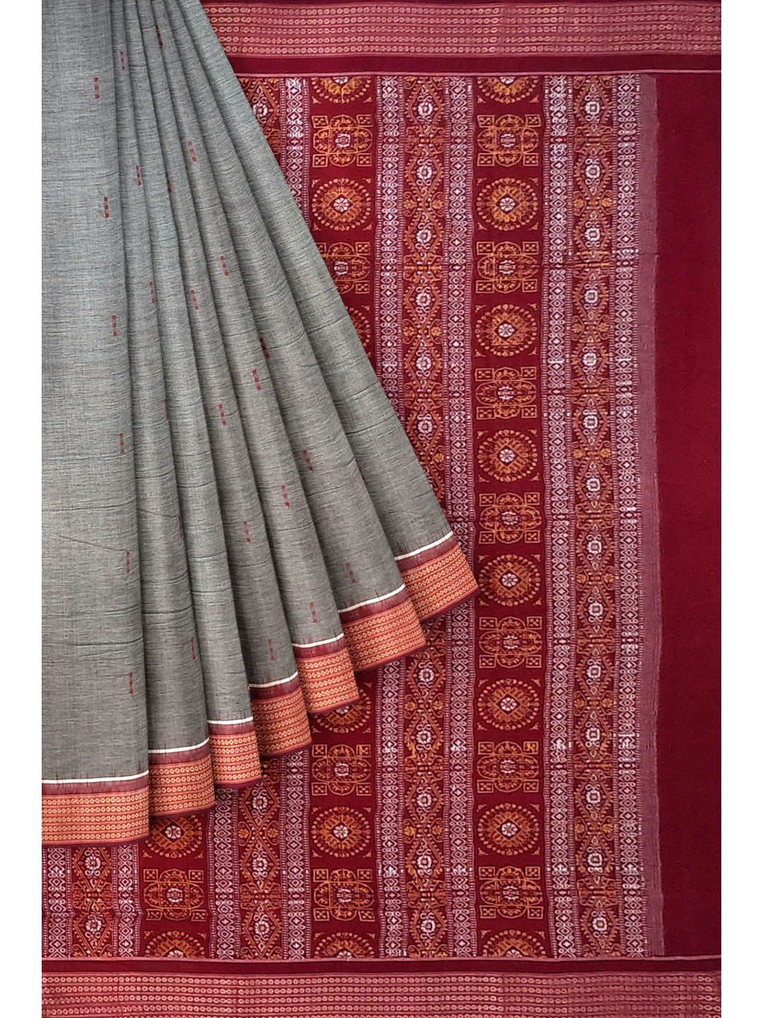 Grey and Red Sambalpuri Cotton Bomkai Saree with running blouse piece