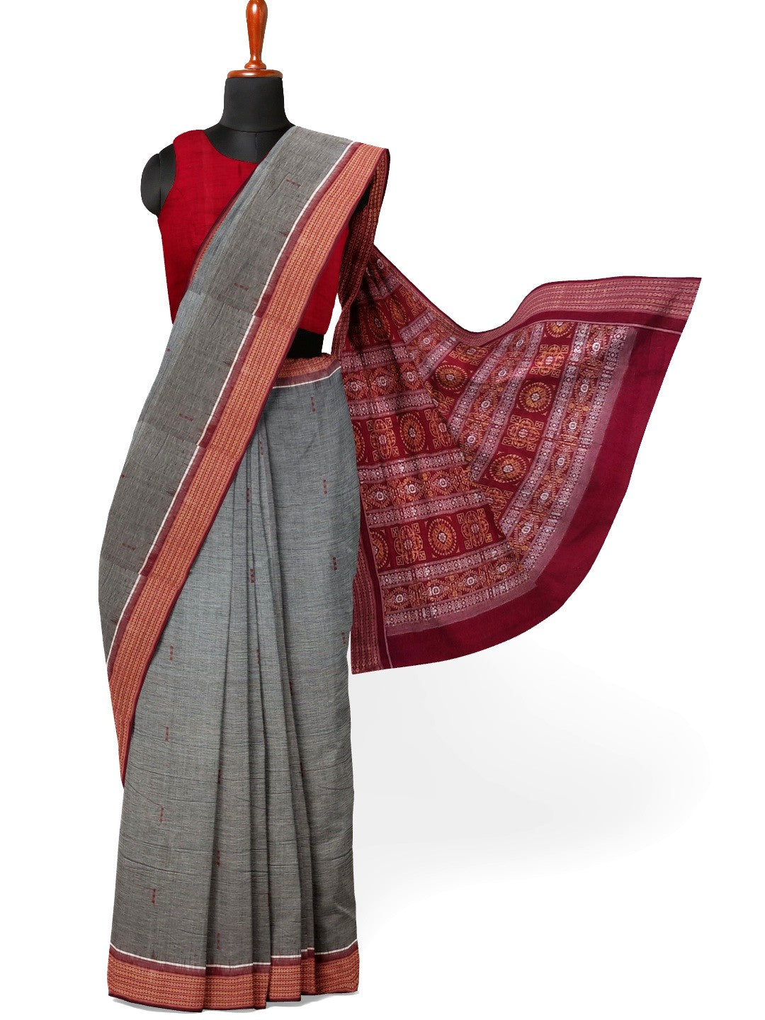 Grey and Red Sambalpuri Cotton Bomkai Saree with running blouse piece