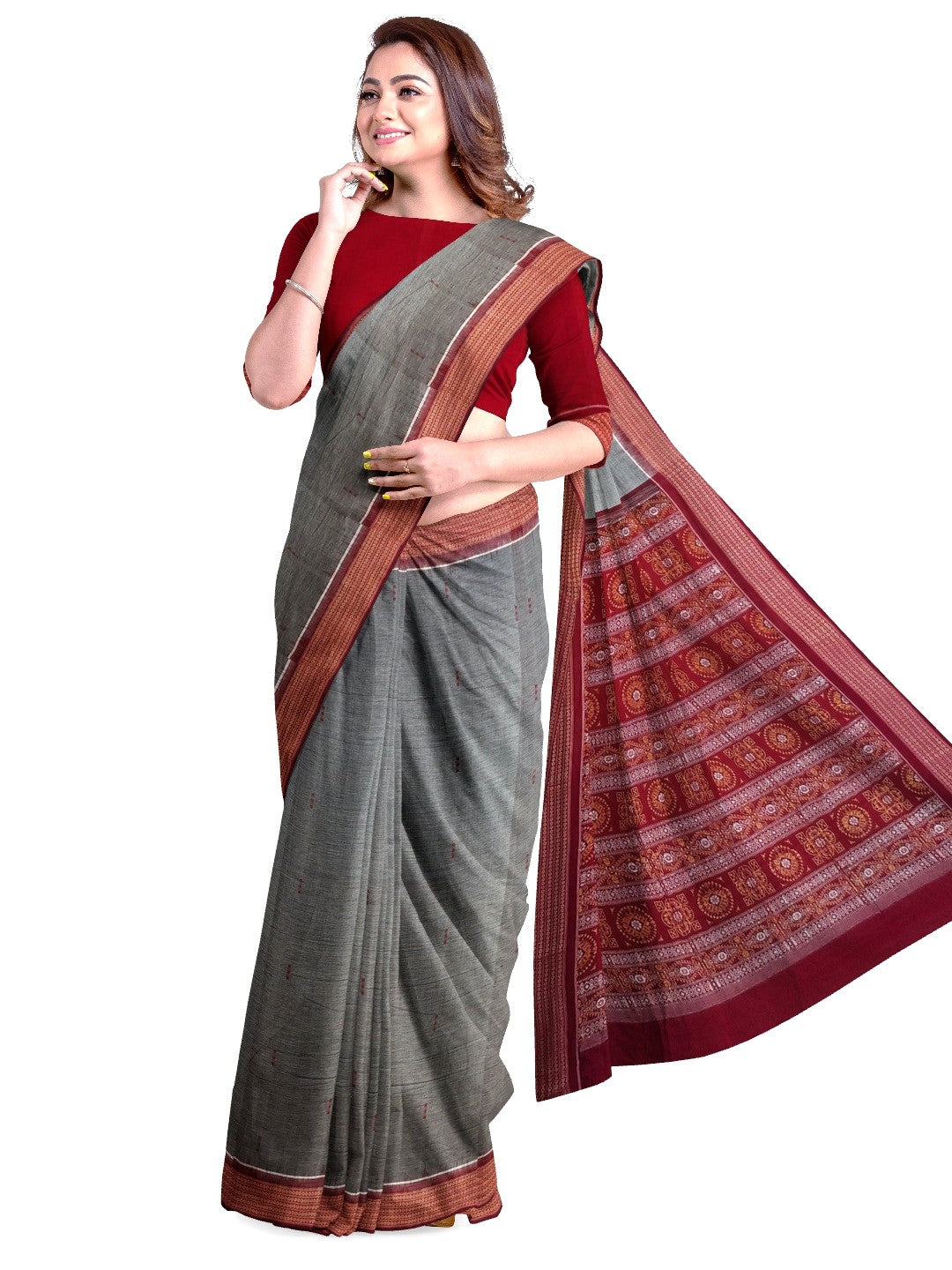 Grey and Red Sambalpuri Cotton Bomkai Saree with running blouse piece