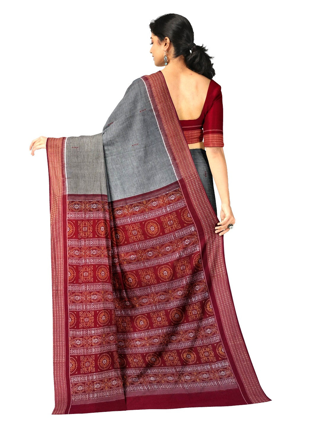 Grey and Red Sambalpuri Cotton Bomkai Saree with running blouse piece