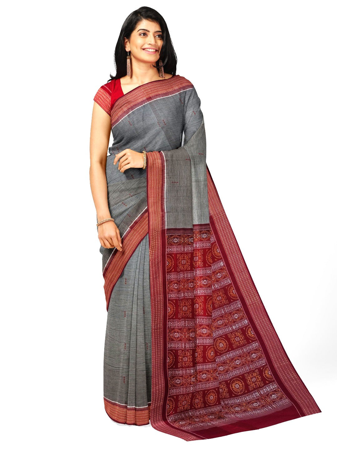 Grey and Red Sambalpuri Cotton Bomkai Saree with running blouse piece