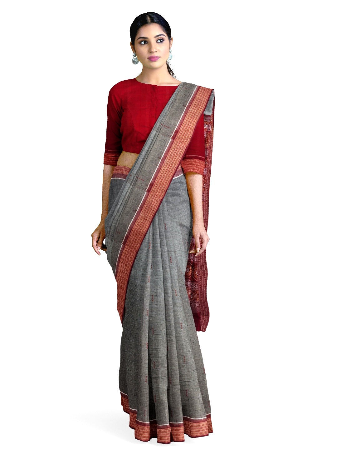 Grey and Red Sambalpuri Cotton Bomkai Saree with running blouse piece
