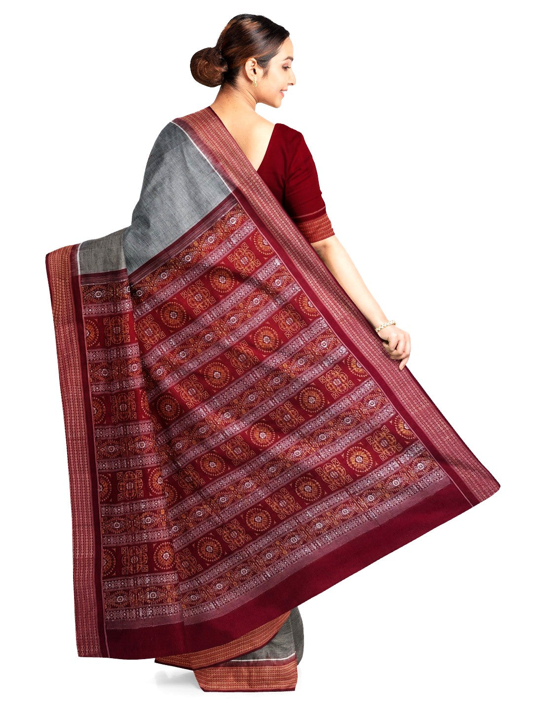 Grey and Red Sambalpuri Cotton Bomkai Saree with running blouse piece