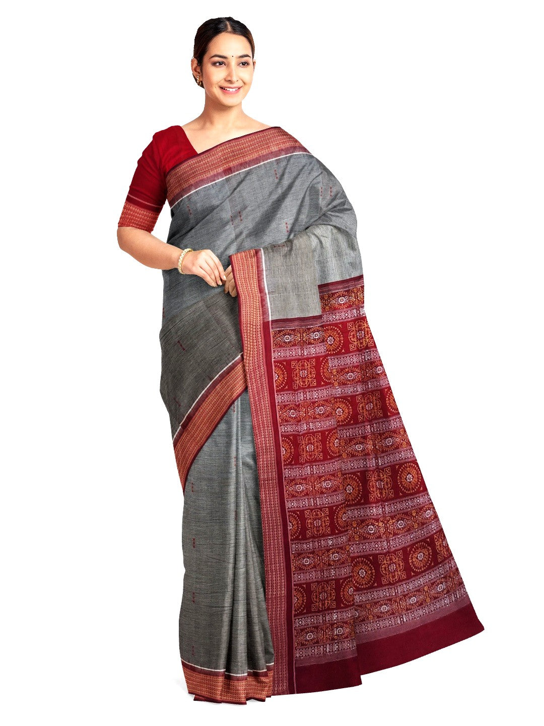 Grey and Red Sambalpuri Cotton Bomkai Saree with running blouse piece