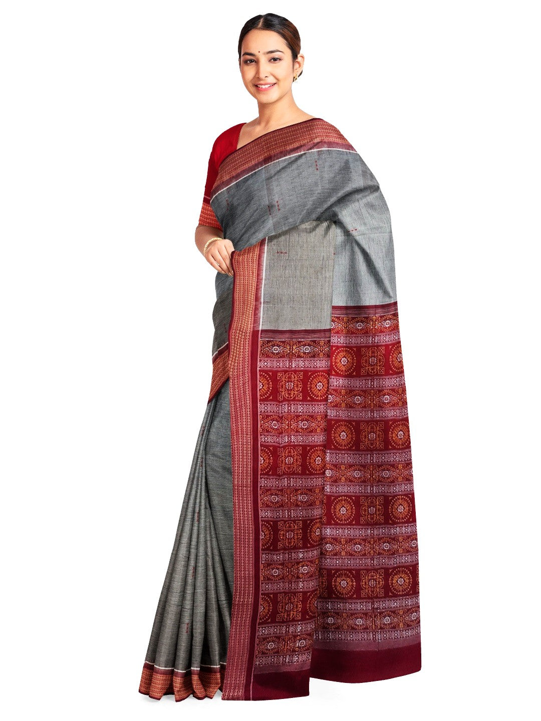 Grey and Red Sambalpuri Cotton Bomkai Saree with running blouse piece