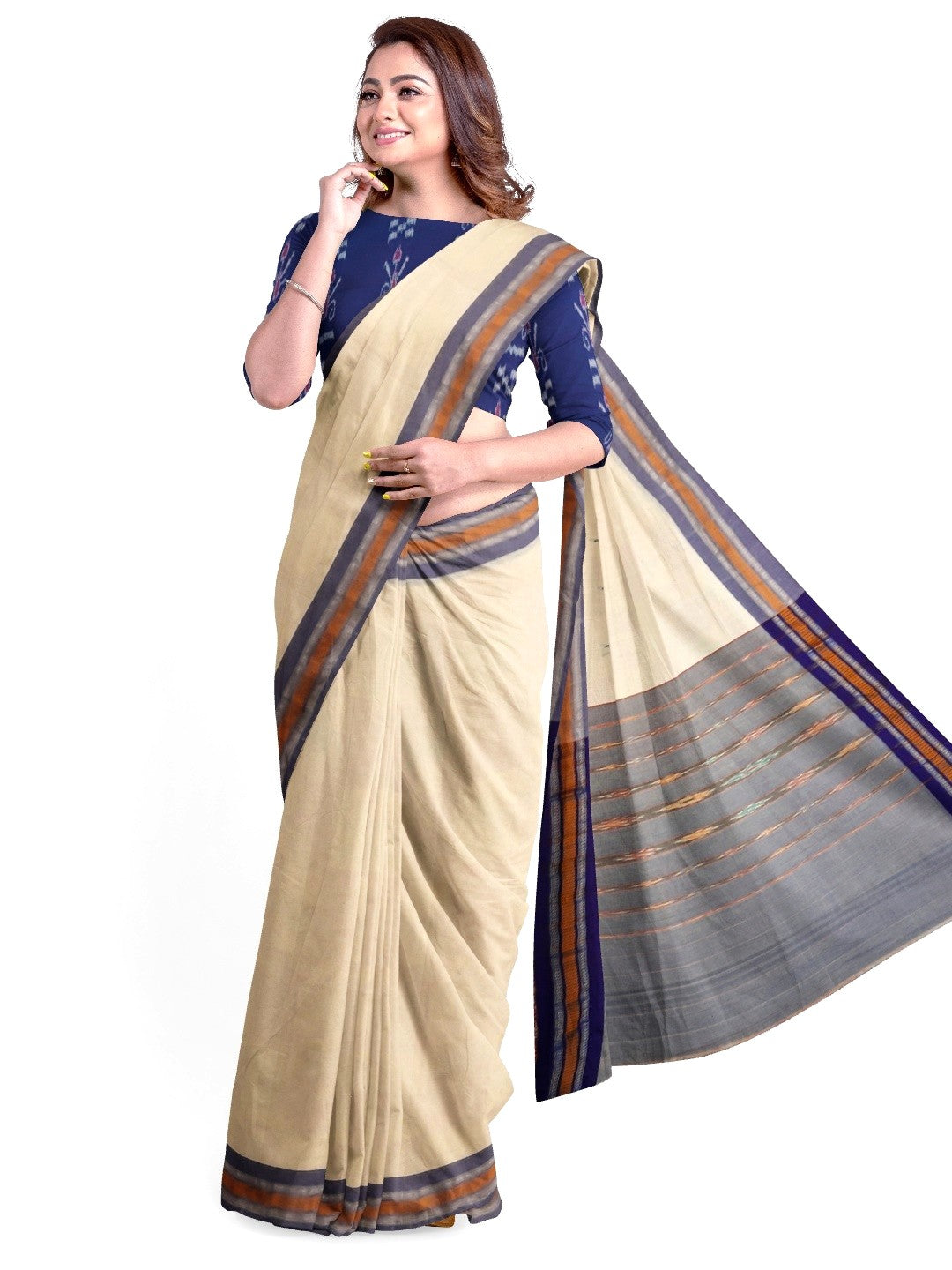 White Cotton Odisha Ikat saree with mix match blouse piece