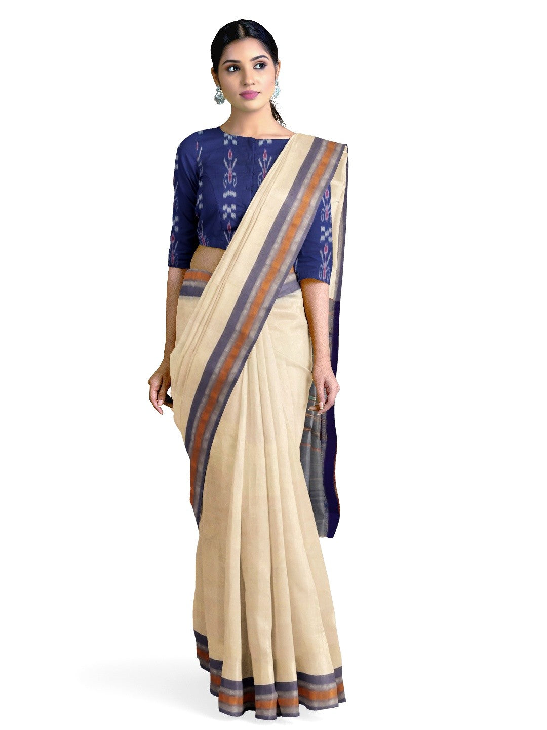 White Cotton Odisha Ikat saree with mix match blouse piece