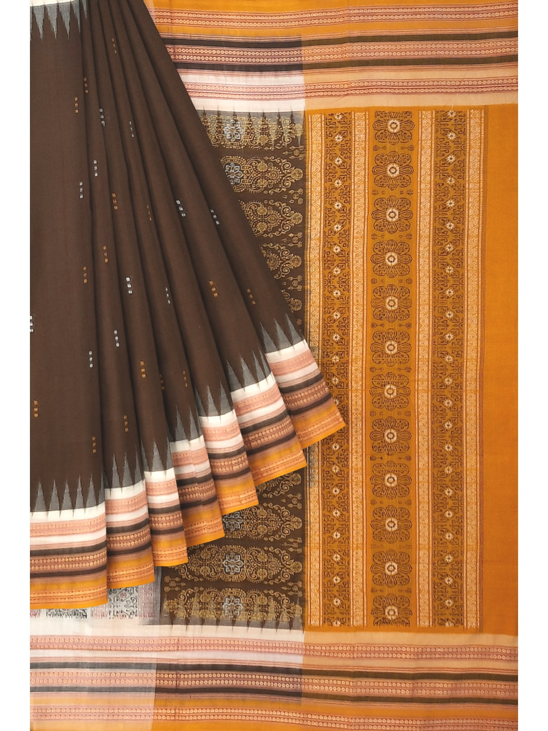 Dark Brown wide border Sambalpuri Cotton Saree with running blouse piece