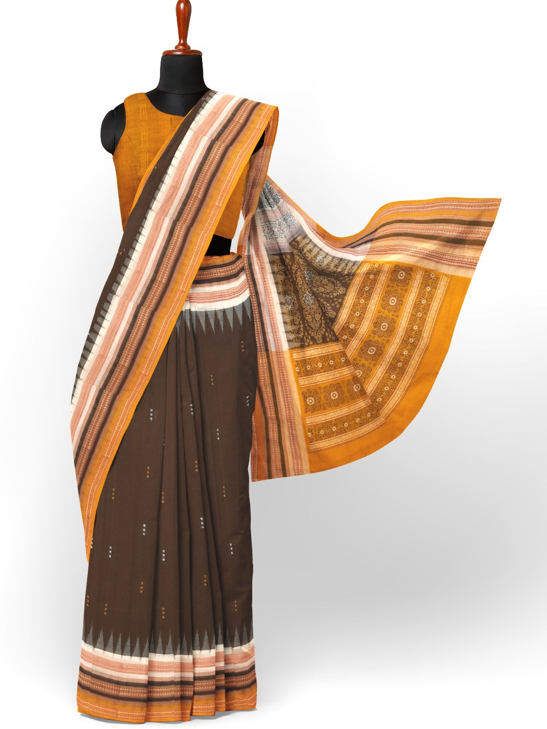 Dark Brown wide border Sambalpuri Cotton Saree with running blouse piece