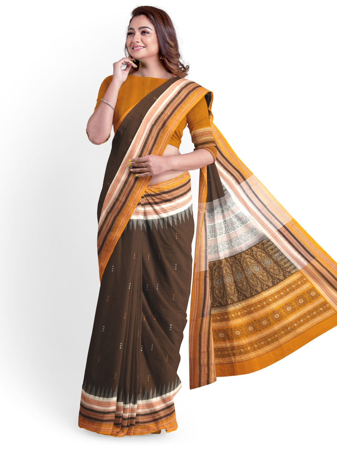 Dark Brown wide border Sambalpuri Cotton Saree with running blouse piece