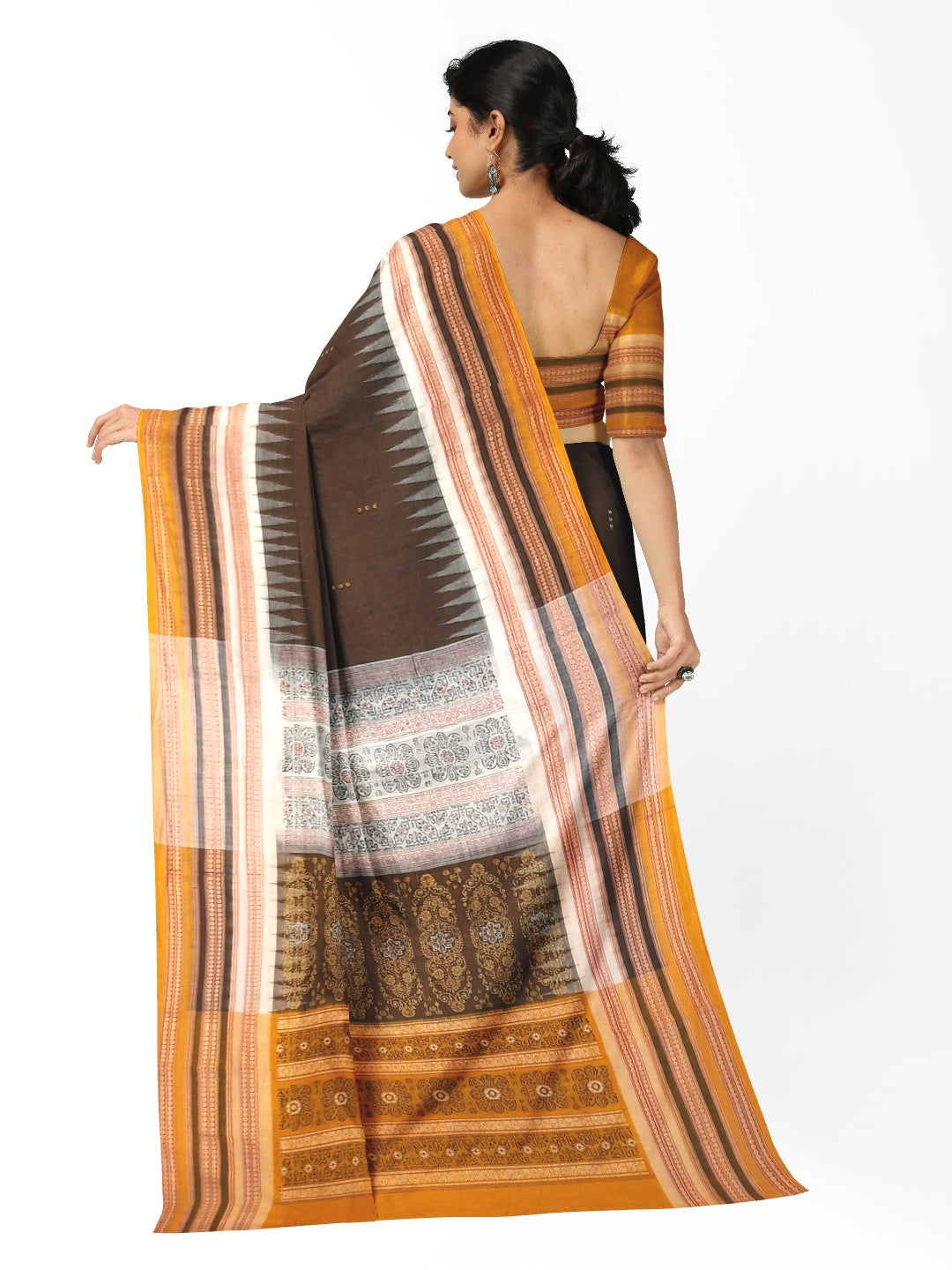 Dark Brown wide border Sambalpuri Cotton Saree with running blouse piece