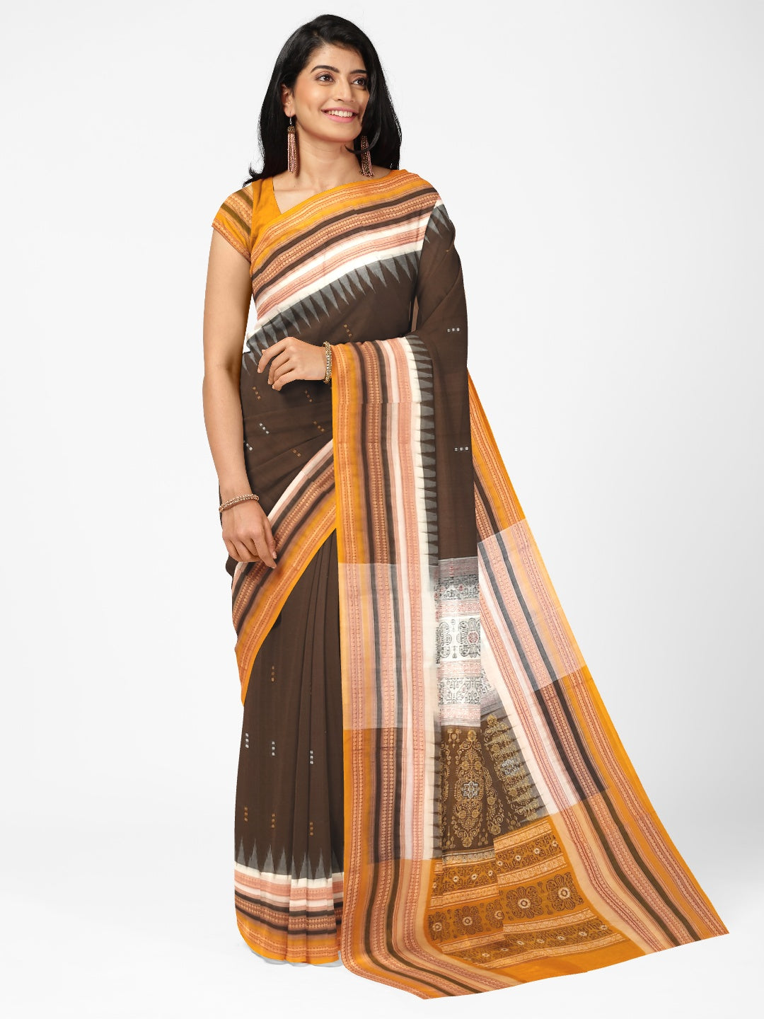 Dark Brown wide border Sambalpuri Cotton Saree with running blouse piece