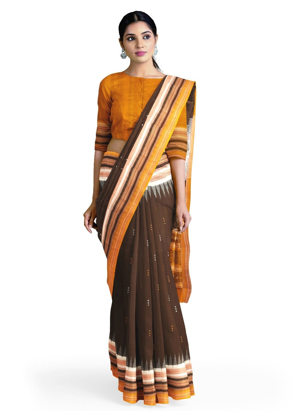 Dark Brown wide border Sambalpuri Cotton Saree with running blouse piece