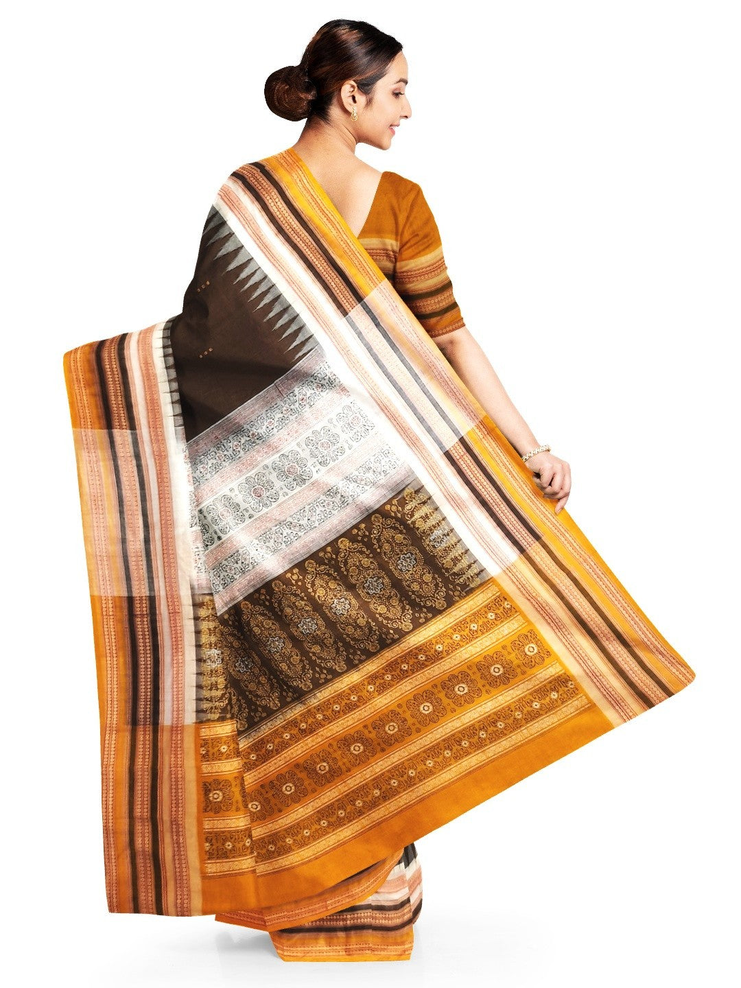 Dark Brown wide border Sambalpuri Cotton Saree with running blouse piece