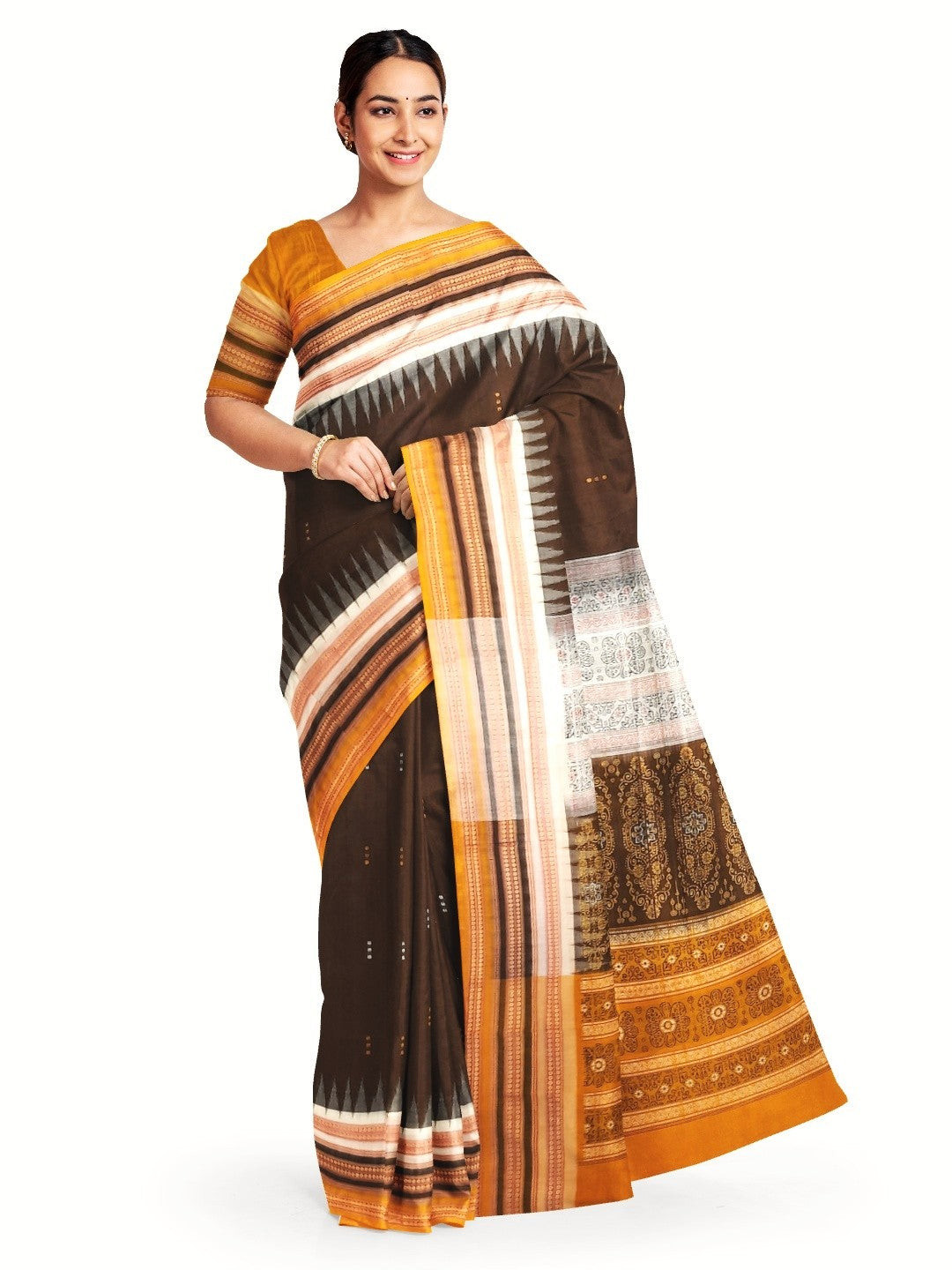 Dark Brown wide border Sambalpuri Cotton Saree with running blouse piece