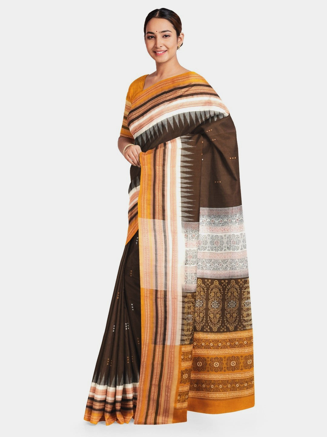 Dark Brown wide border Sambalpuri Cotton Saree with running blouse piece