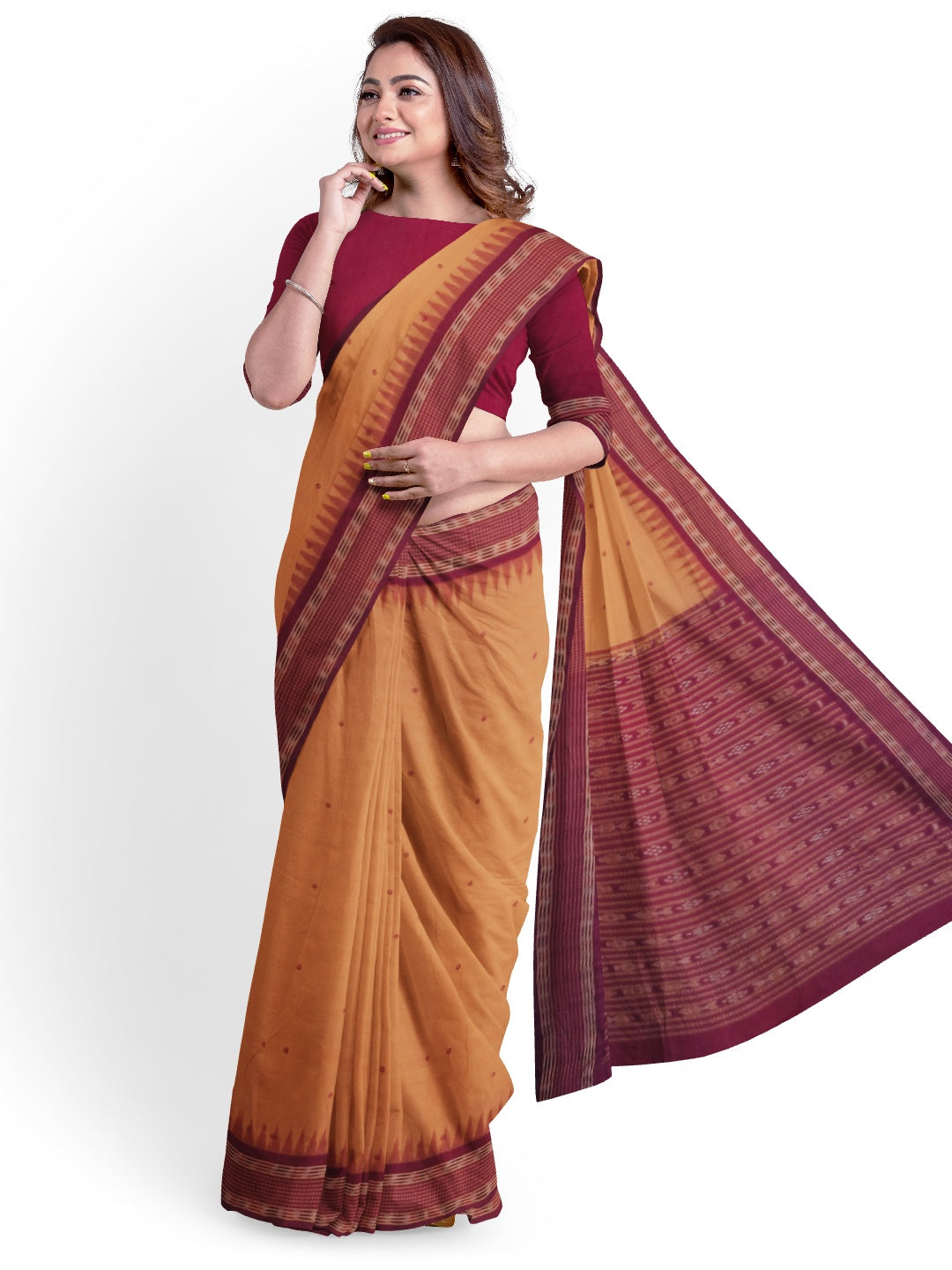 Peach  Sambalpuri Cotton Saree with running blouse piece