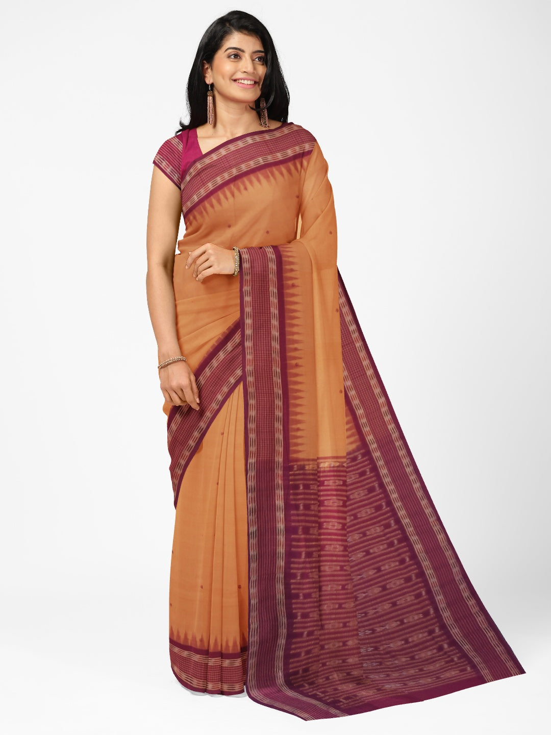 Peach  Sambalpuri Cotton Saree with running blouse piece
