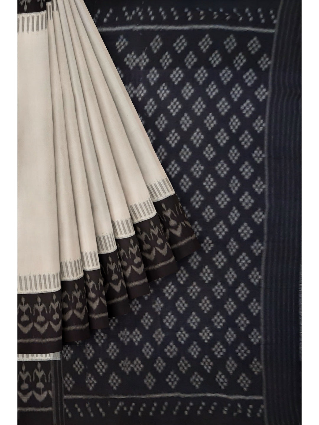 White and Black Cotton Ikat saree with cotton ikat blouse piece