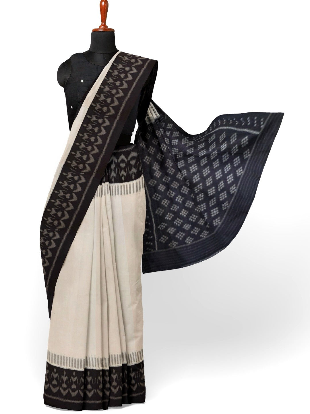 White and Black Cotton Ikat saree with cotton ikat blouse piece